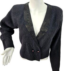 90s LB Diffusion Beaded Evening Cardigan Black Lambswool Angora Knit Womens L